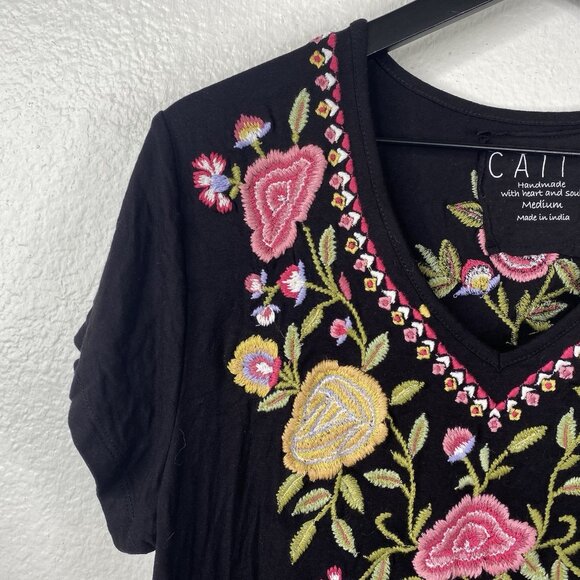 Caite Dress Women's Black Sz M Embroidered Floral Short Sleeves Boho Bloomcore - Picture 5 of 10